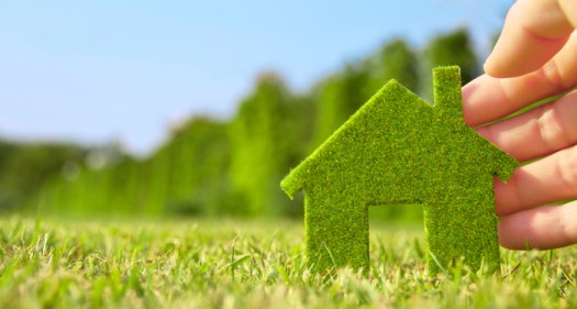 hand holding eco house icon in nature